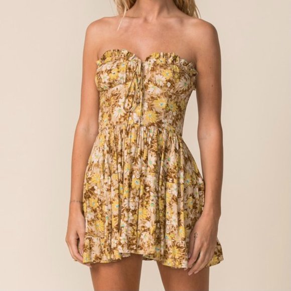 The Wild Clover Dresses & Skirts - FALL DAYS YELLOW FLORAL STRAPLESS DRESS